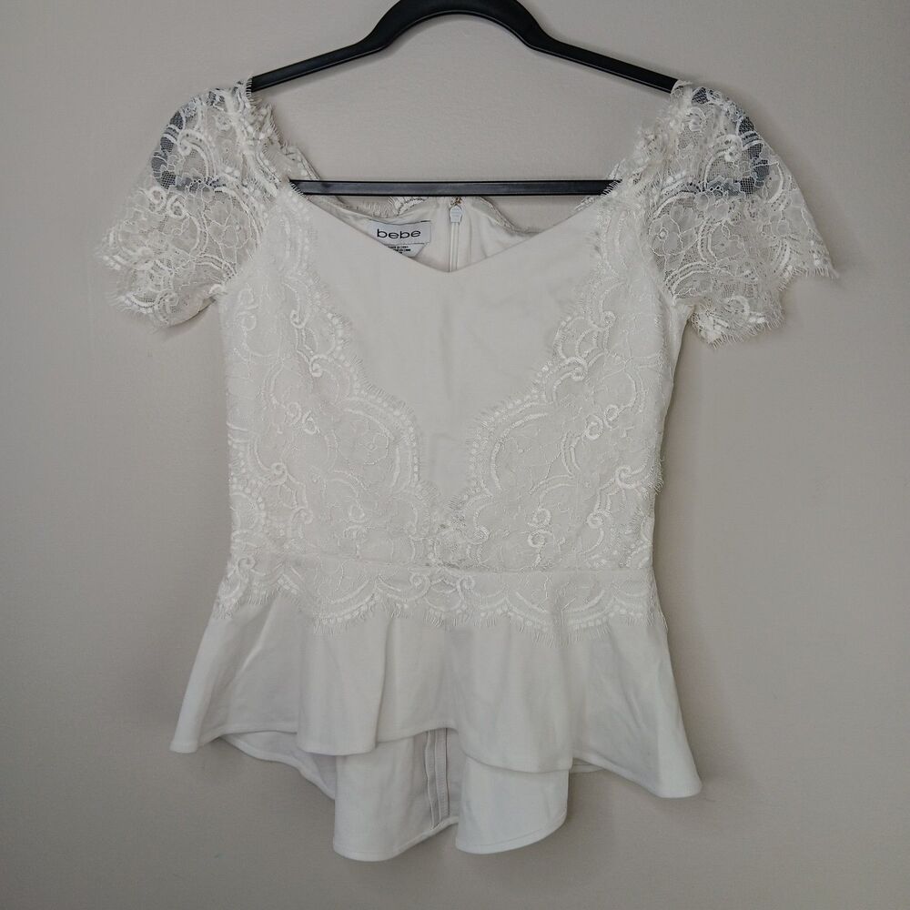 Bebe Peplum Top Women's Size XS White Lace Ruffle Event Night Out Feminine